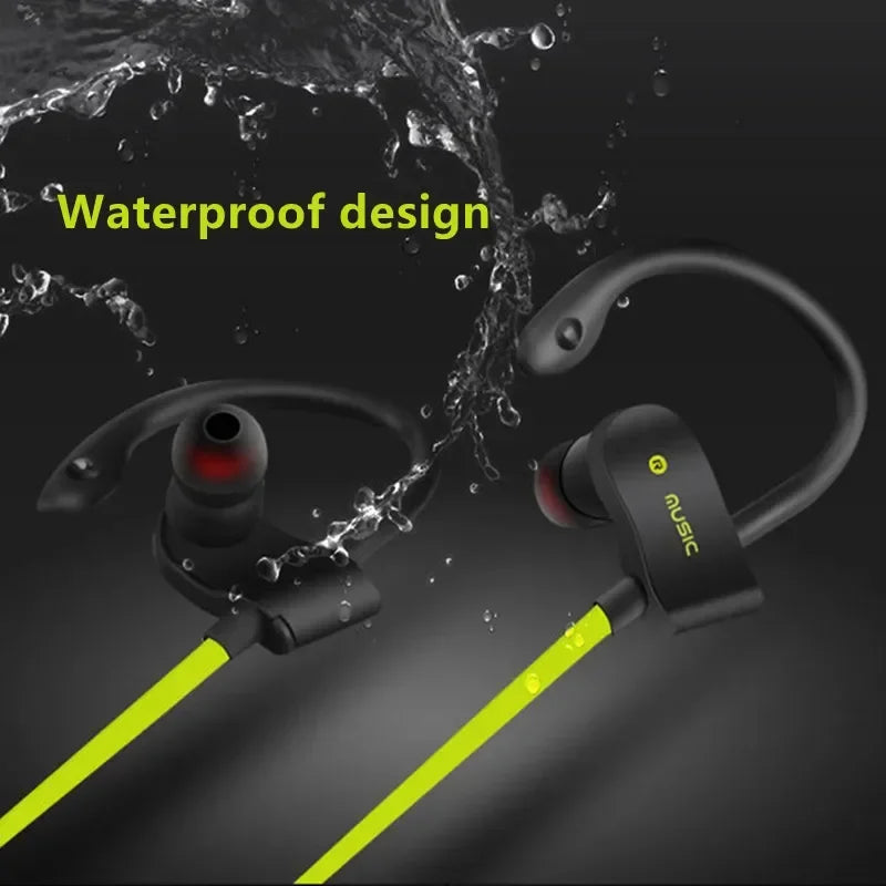 Black and neon green wireless bluetooth earphones with waterproof design and red silicone tips for sports earphones use