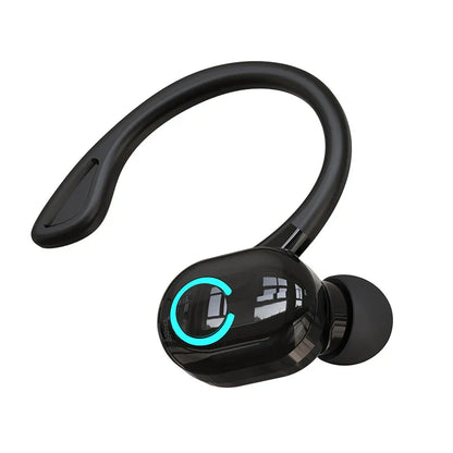 Black wireless bluetooth earphones hifi with curved ear-hook, glowing teal light, noise cancelling, waterproof game sports earbuds