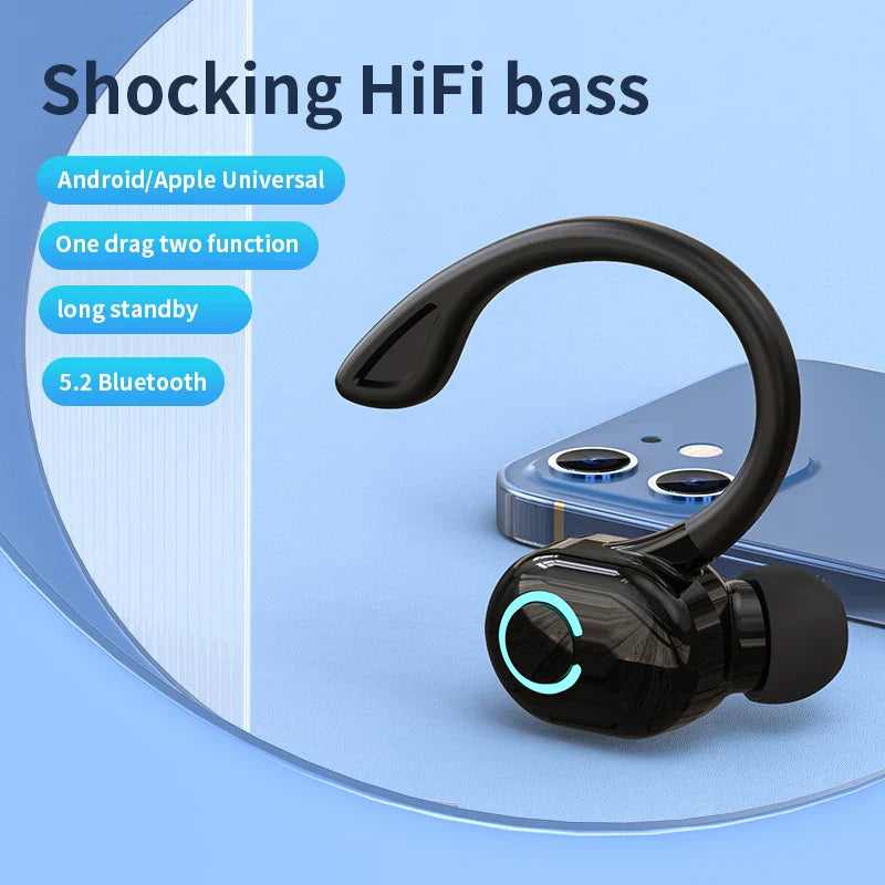 Black wireless bluetooth earphones with curved ear-hook design and glowing blue light for earbuds noise cancelling waterproof game sports use