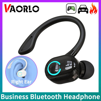 Black vaorlo wireless bluetooth earphones with sleek ear-hook design and glowing teal accent ring for waterproof game sports use