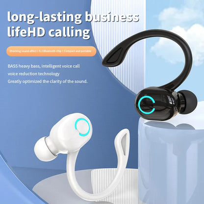 Black and white wireless bluetooth earphones hifi with ear-hook design and glowing blue light for waterproof game sports use