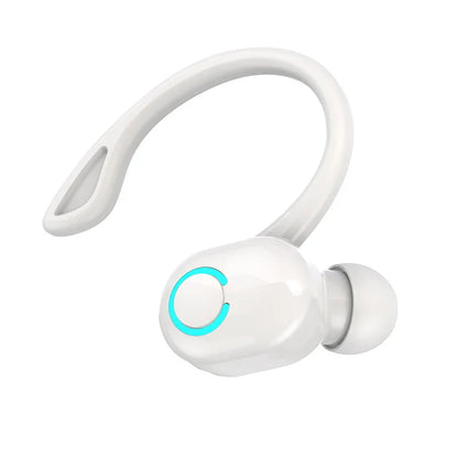 White wireless bluetooth earphones hifi with curved ear-hook design and glowing teal light for waterproof game sports use