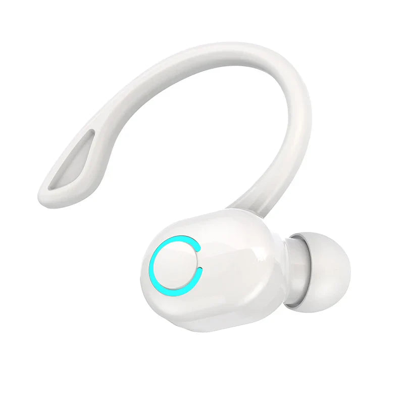 White wireless bluetooth earphones with curved ear-hook design and glowing teal light for earbuds noise cancelling waterproof game sports use