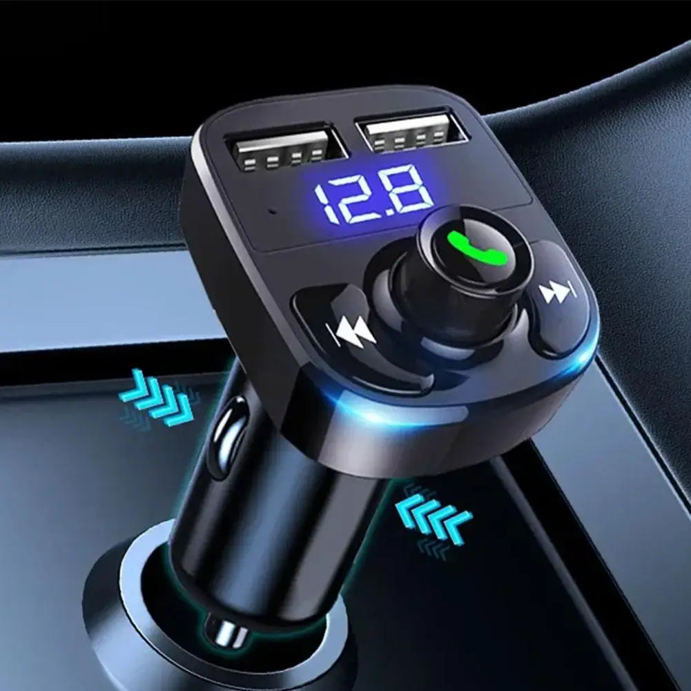 Black car phone charger with dual usb ports digital display and control buttons bluetooth fm transmitter and calling radio receiver