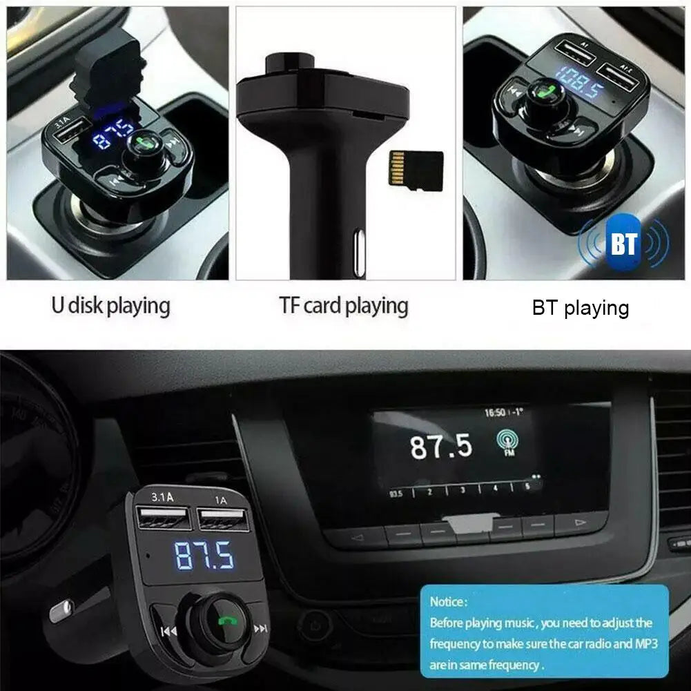 Black car phone charger with usb ports and central rotary dial for music control wireless bluetooth fm transmitter with calling radio receiver and music stereo adapter