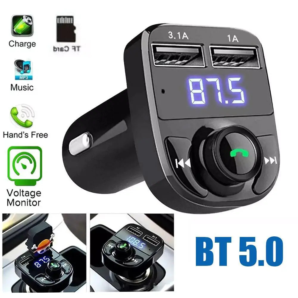 Black wireless bluetooth fm transmitter with dual usb charger, digital frequency display, and calling radio receiver functions