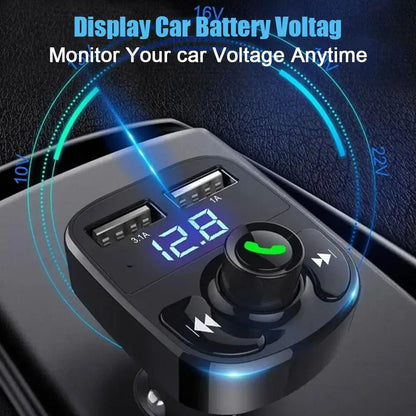 Black wireless bluetooth fm transmitter with dual usb charger, digital voltage display, and music stereo adapter controls