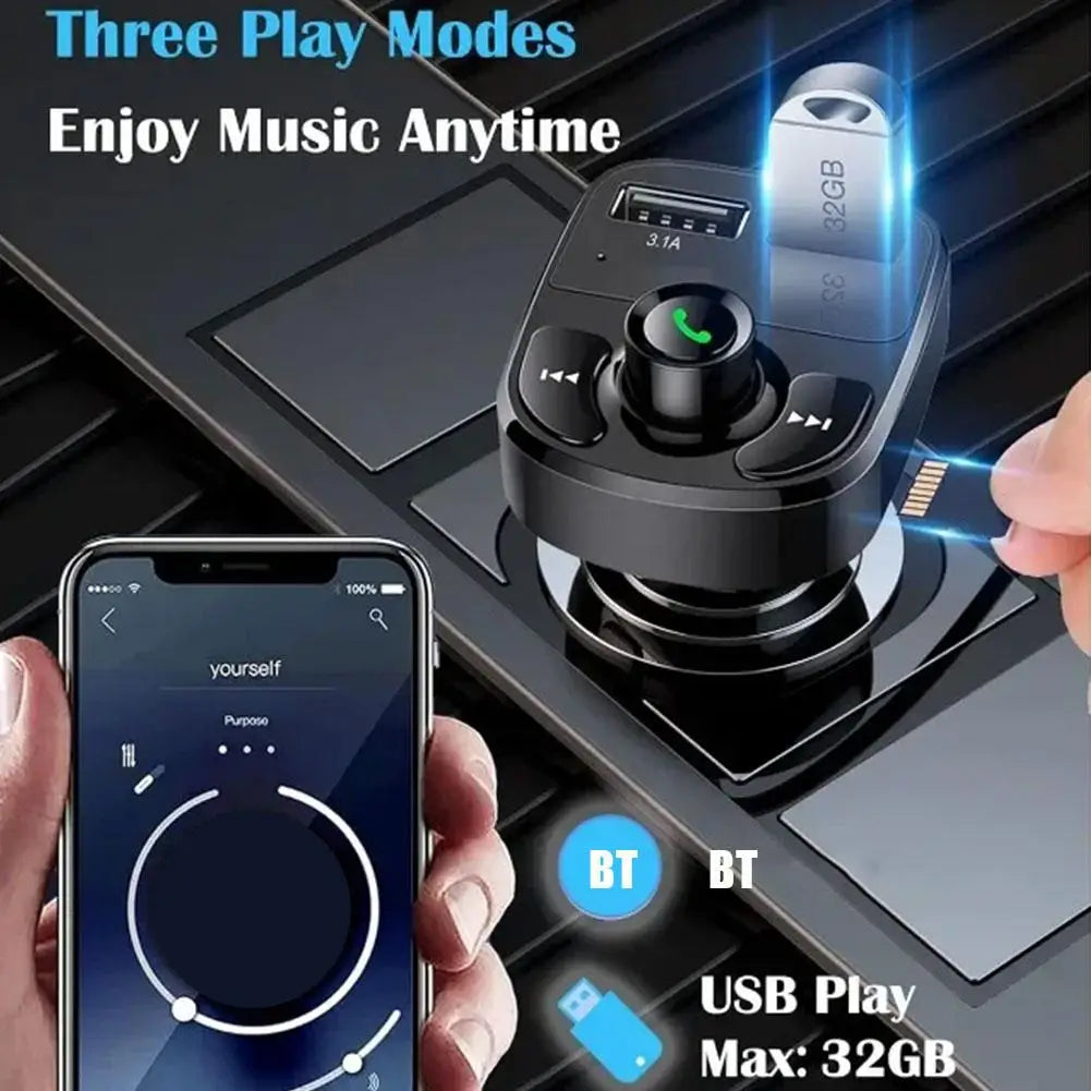 Black wireless bluetooth fm transmitter with usb ports and control buttons for calling radio receiver and music stereo adapter