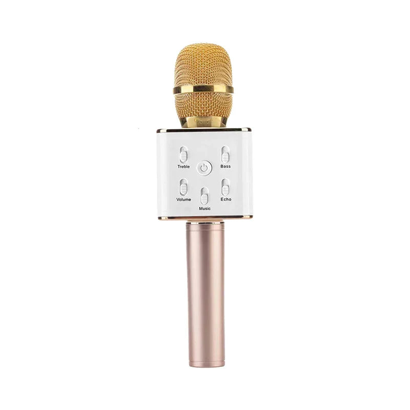 Wireless bluetooth handheld microphone with gold mesh, white control panel, rose gold handle for singing karaoke ktv use