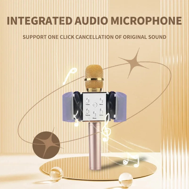 Gold-colored wireless bluetooth handheld microphone colorful with integrated audio features for singing karaoke ktv