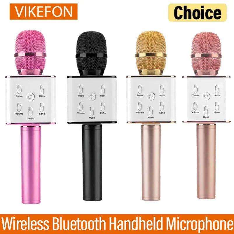 Wireless bluetooth handheld microphone in pink black gold and rose gold with mesh grille and control panel for singing karaoke ktv
