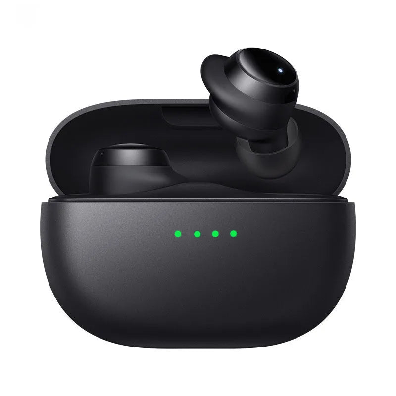 Black wireless earbuds in a matte charging case with green lights sport headset waterproof microphone for all smartphones