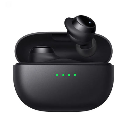 Black wireless earbuds in a matte charging case with green lights sport headset waterproof microphone for all smartphones