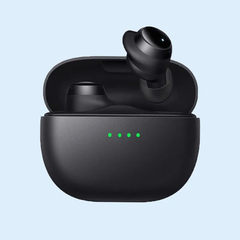 Black wireless bluetooth headphonestws control sport earbuds in matte case with four green lights sport headset waterproof microphone