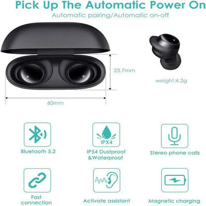 Black wireless earbuds in matte charging case featuring headset waterproof microphone for sport and smartphone use