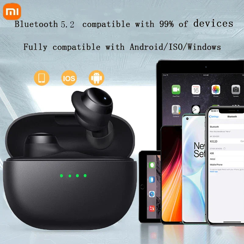 Black xiaomi wireless bluetooth headphones tws control sport earbuds in matte case with green lights and headset waterproof microphone