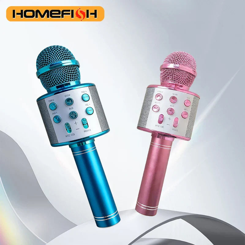 Blue and pink wireless bluetooth k12 microphones with metallic bodies and mesh grilles for portable party and adults karaoke use