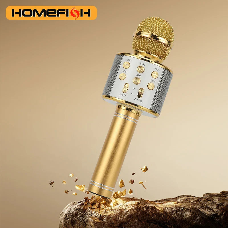 Gold-colored wireless bluetooth k12 microphone with mesh grille and control buttons for adults karaoke and portable party use
