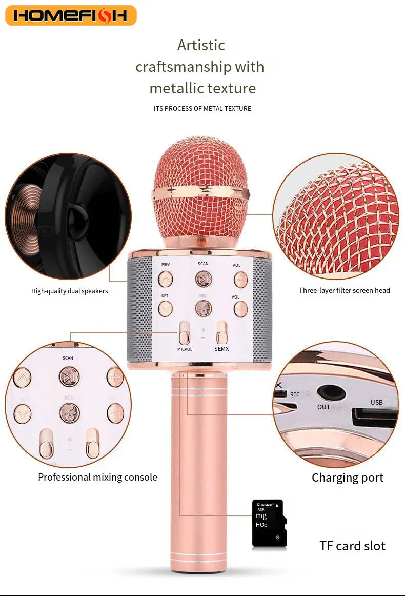 Rose gold wireless bluetooth k12 microphone with mesh grille and control buttons for adults karaoke and portable party use