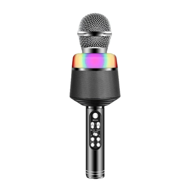 Black wireless bluetooth karaoke microphone with silver mesh grille and rainbow dynamic lights portable handheld mic