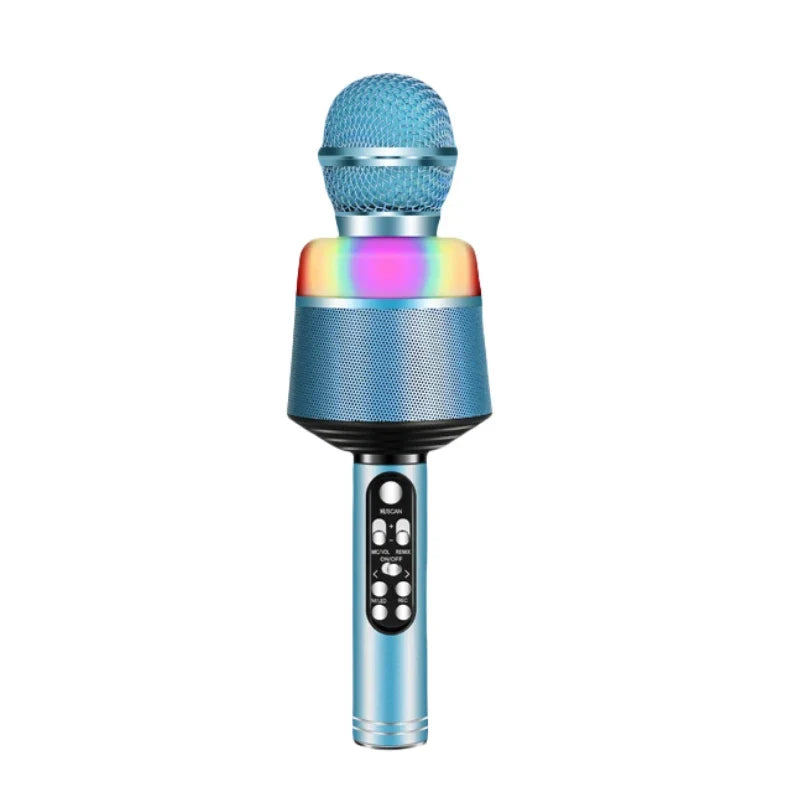 Blue wireless bluetooth karaoke microphone with mesh grille, rainbow led dynamic lights, and control buttons on handle