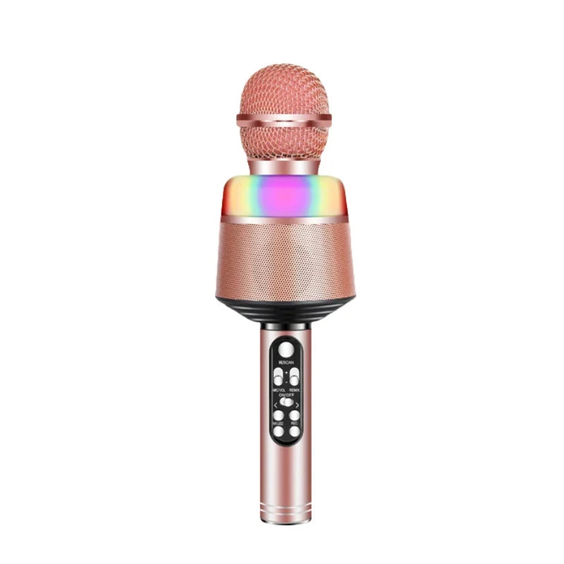 Rose gold wireless bluetooth karaoke microphone with mesh grille, dynamic lights, and control buttons on portable handheld mic