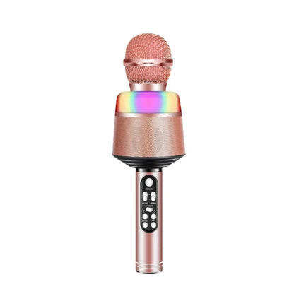 Rose gold wireless bluetooth karaoke microphone with mesh grille, dynamic lights, and control buttons on portable handheld mic