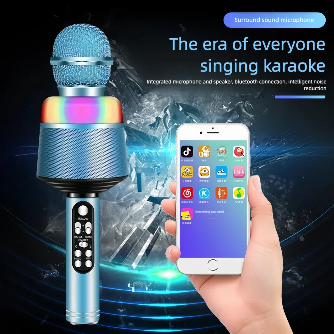 Blue wireless bluetooth karaoke microphone with mesh grille, control buttons, and rainbow dynamic lights ring, portable handheld mic