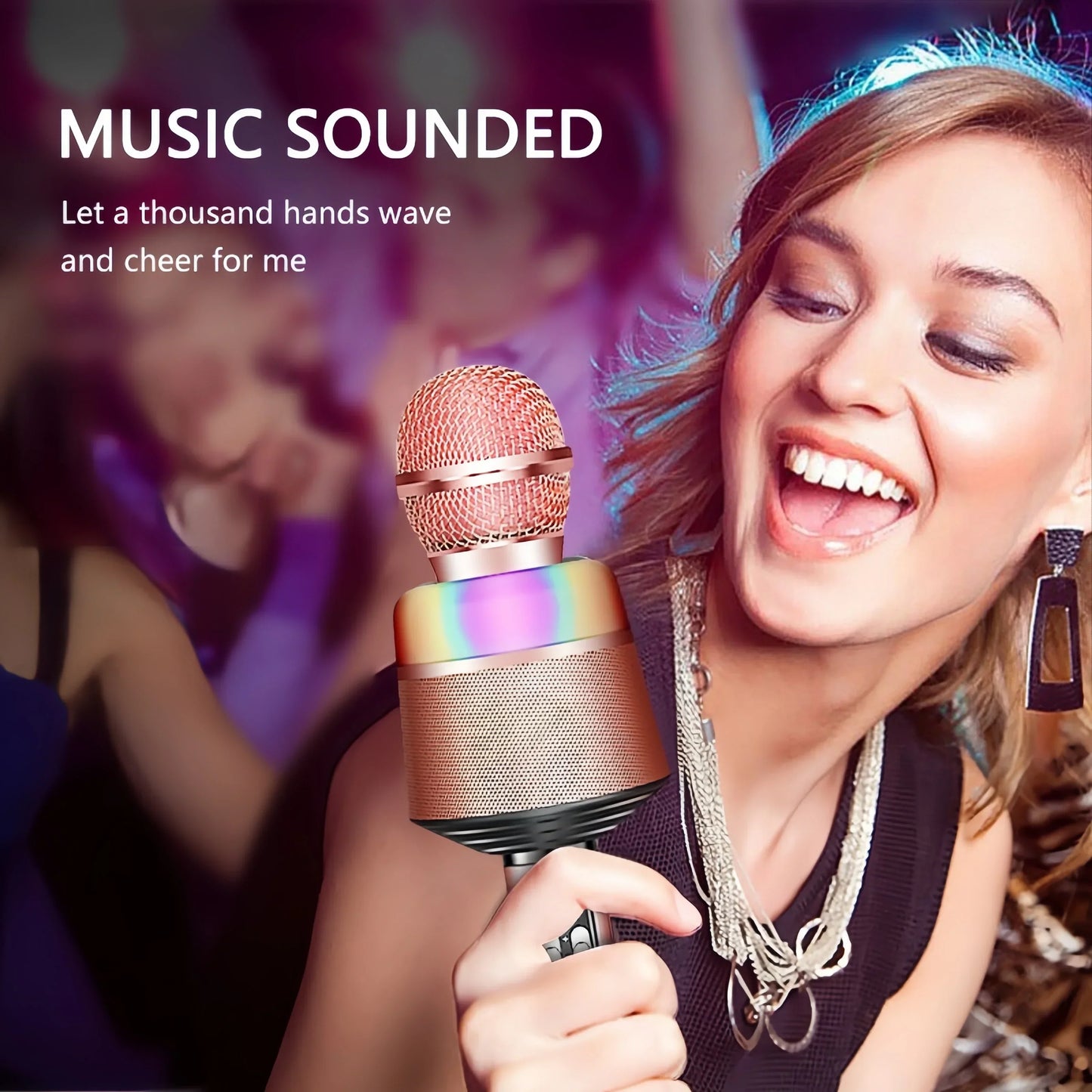 Gold-colored wireless bluetooth karaoke microphone with mesh grille and rainbow gradient band with dynamic lights