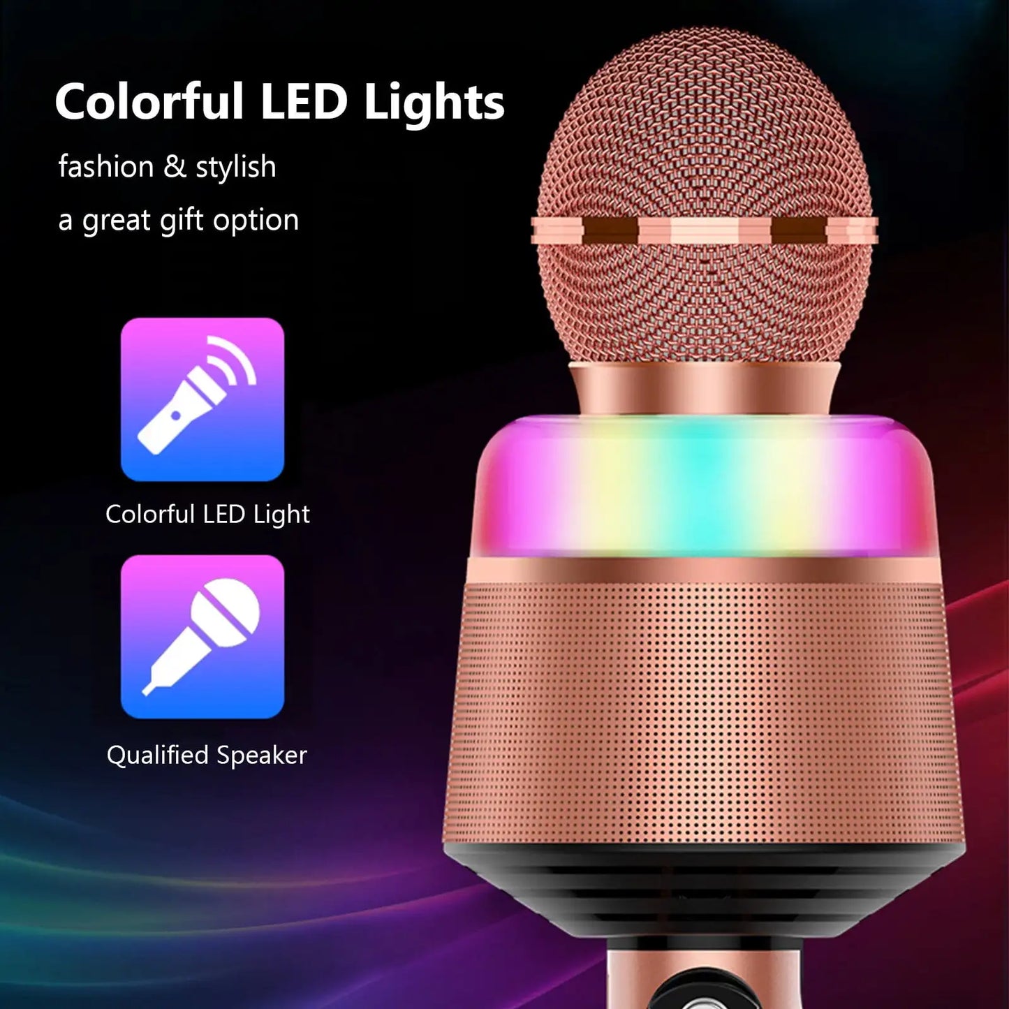 Rose gold wireless bluetooth karaoke microphone with mesh grille and dynamic lights around the base for portable handheld mic use