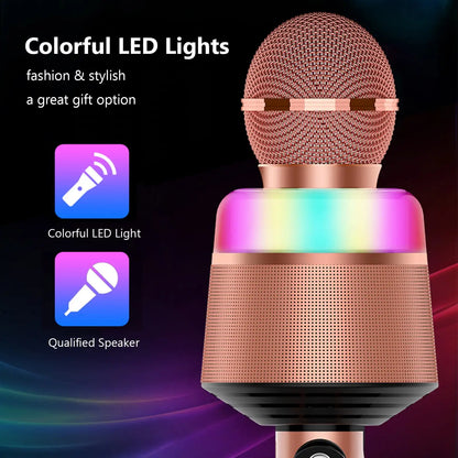 Rose gold wireless bluetooth karaoke microphone with mesh grille and dynamic lights around the base for portable handheld mic use