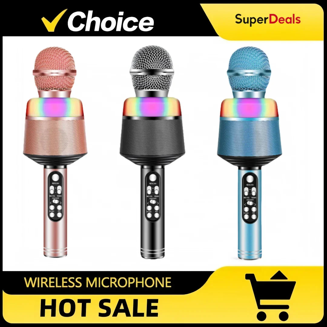 Three wireless bluetooth karaoke microphones in rose gold black and blue with rainbow accents and dynamic lights portable handheld mic