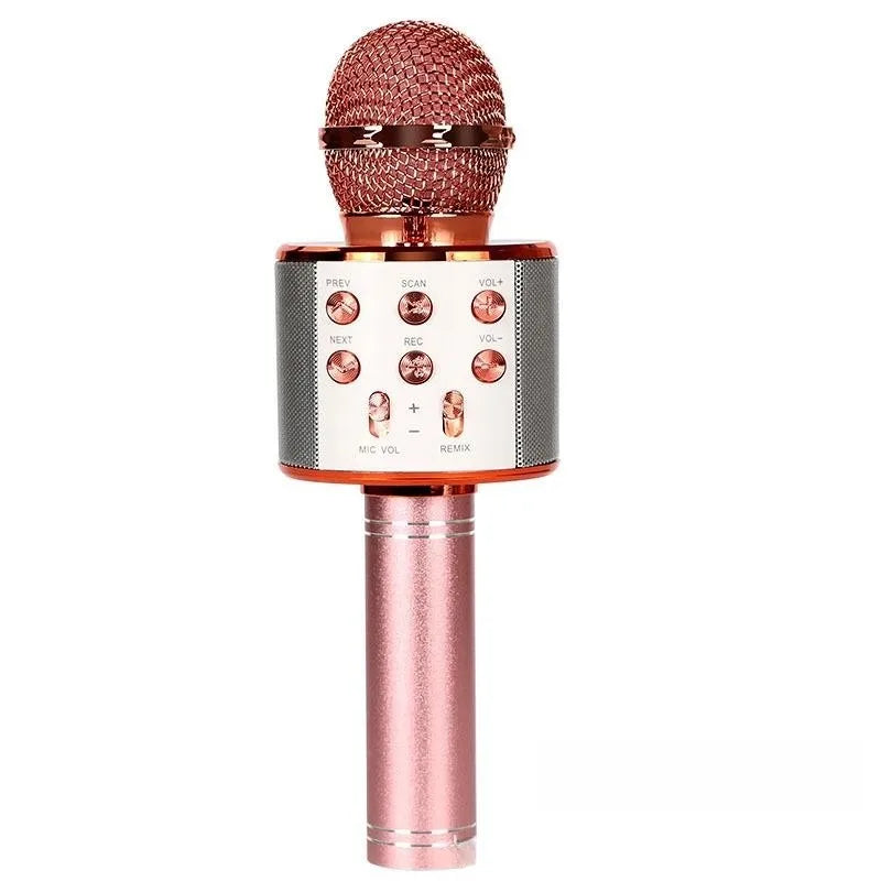 Rose gold wireless bluetooth karaoke microphone with mesh grille and control buttons for kids mic speaker player