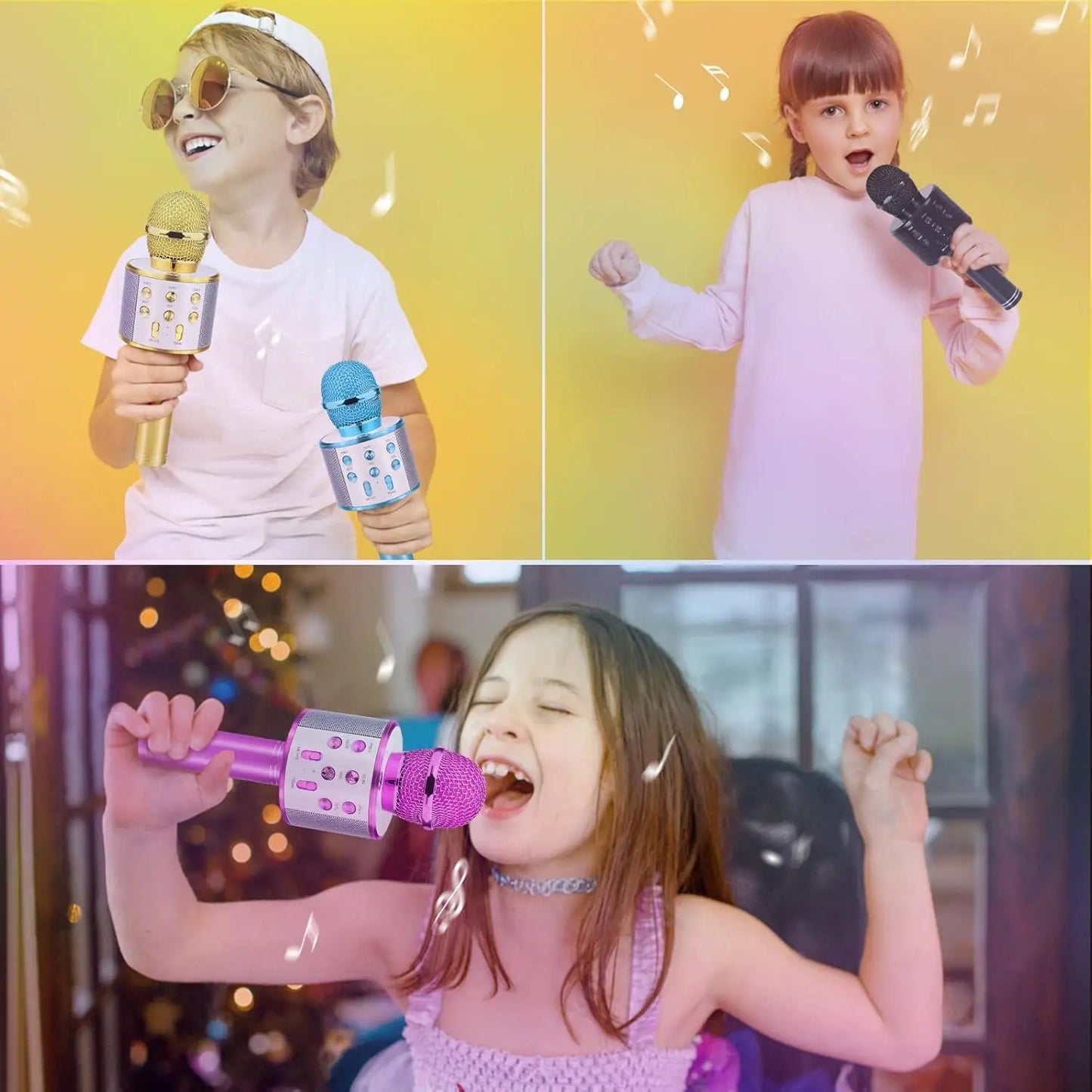 Colorful wireless bluetooth karaoke microphone with glittery finish and button controls for kids mic speaker player