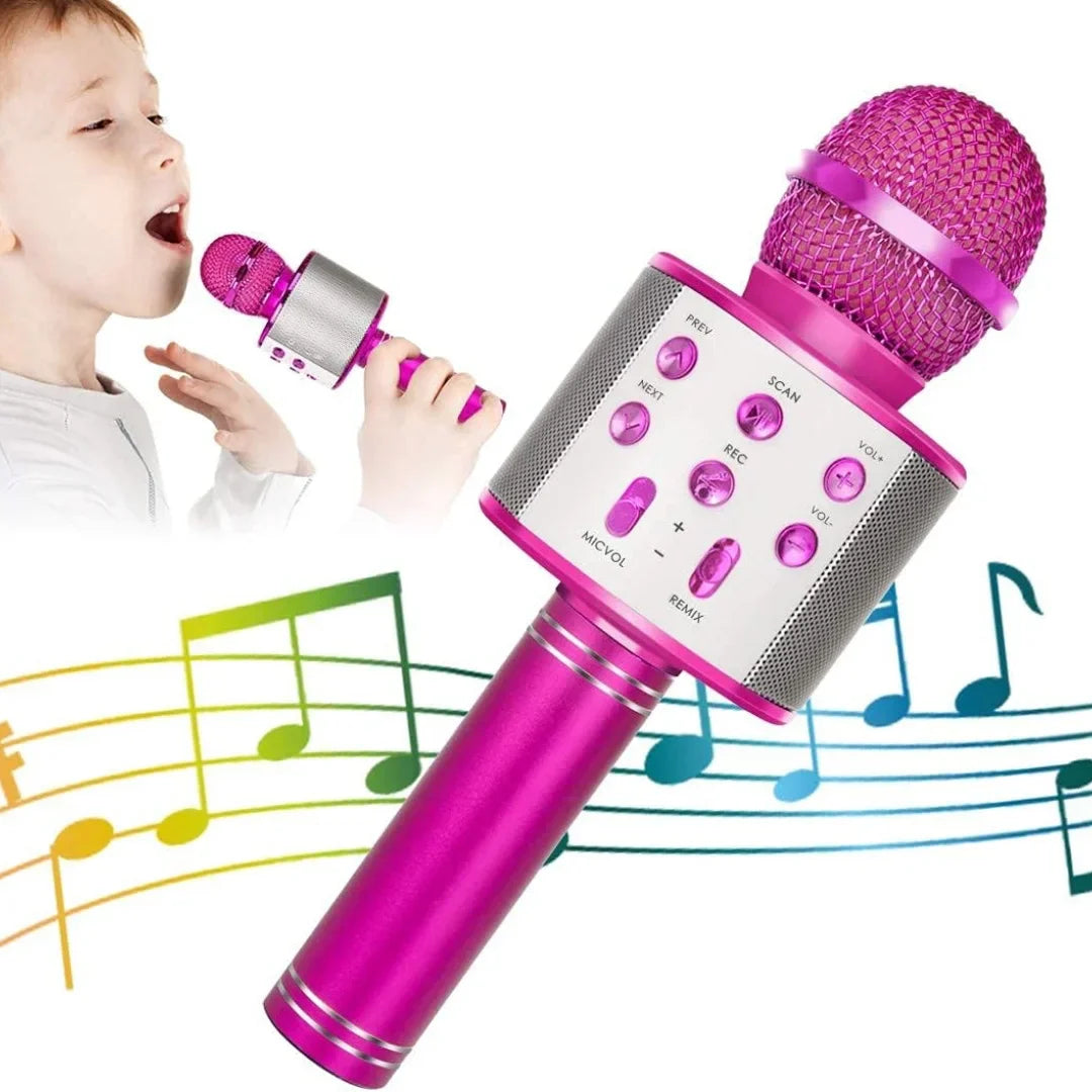Vibrant pink wireless bluetooth karaoke microphone with mesh grille and silver control panel for kids mic speaker player