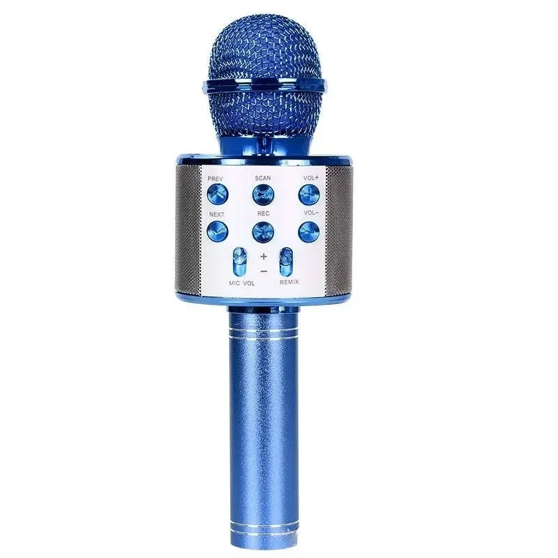 Blue handheld rechargeable bluetooth karaoke microphone speaker with mesh grille and control buttons for home party use