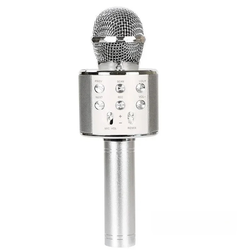 Silver handheld rechargeable microphone bluetooth karaoke microphone speaker with mesh grille and control buttons for parties