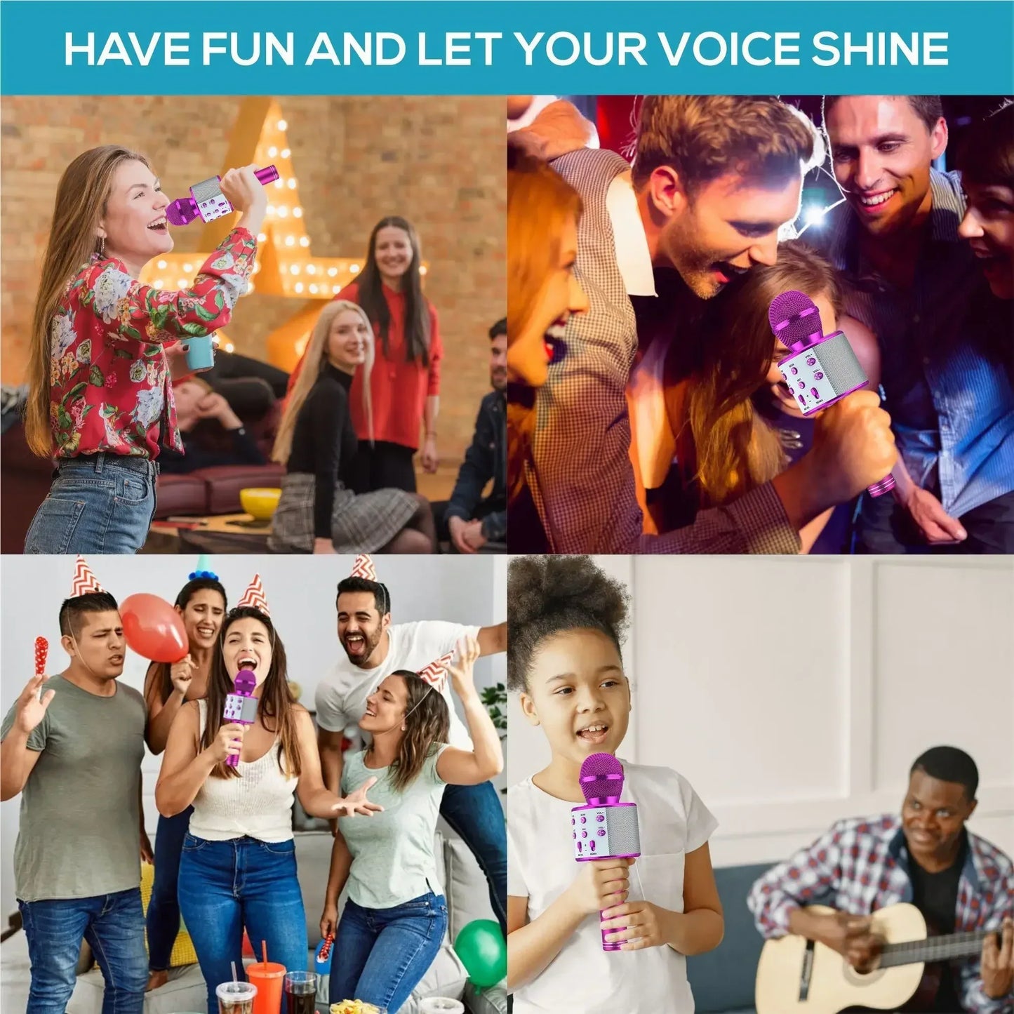 Purple handheld rechargeable bluetooth karaoke microphone speaker with silver grille and control buttons for parties