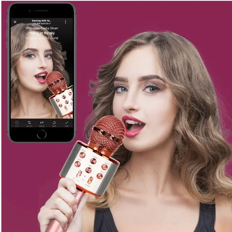 Rose gold handheld rechargeable bluetooth karaoke microphone speaker with textured grille and control buttons for parties