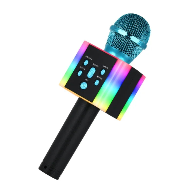 A vibrant rainbow-lit wireless bluetooth karaoke microphone speaker with metallic blue mesh head and usb fm radio support