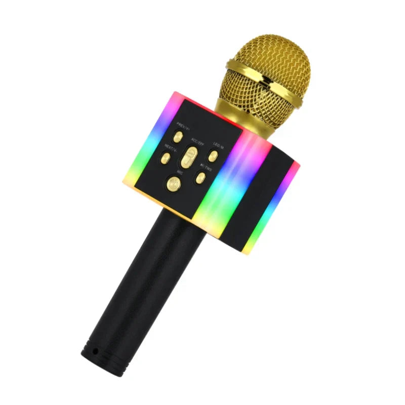 Gold-colored wireless bluetooth karaoke microphone speaker with black handle and rainbow led usb fm radio lights