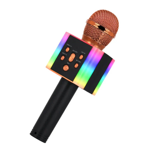 A sleek black wireless bluetooth karaoke microphone speaker with rose gold mesh grille and usb fm radio support