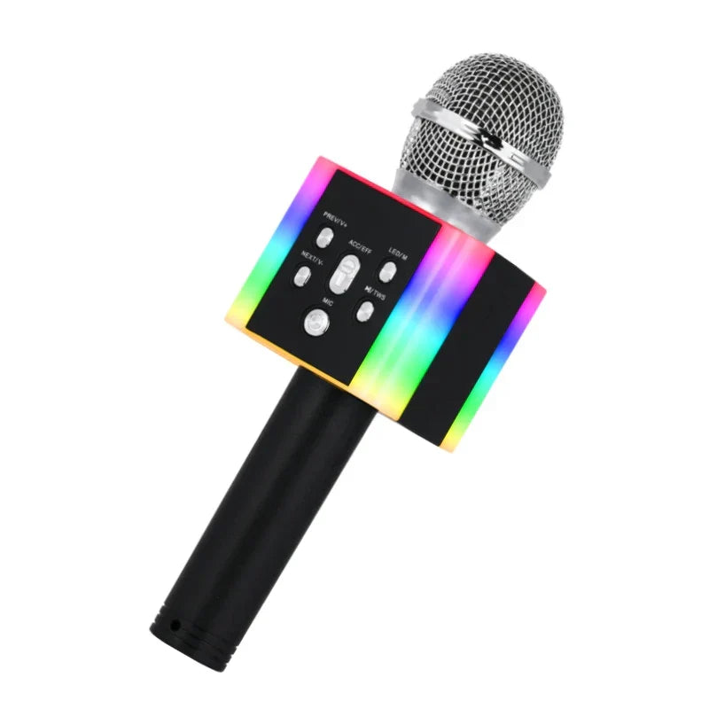 Black wireless bluetooth karaoke microphone speaker with silver mesh grille and rainbow led lights, supports usb fm radio