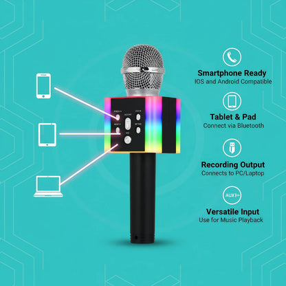 Black wireless bluetooth karaoke microphone speaker with silver mesh grille and colorful led lighting supports usb fm radio