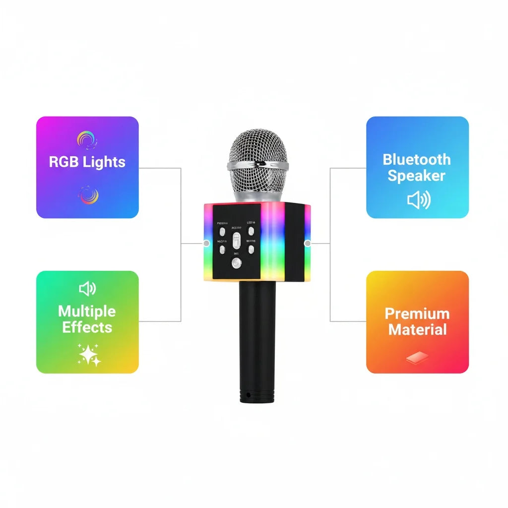 A sleek black wireless bluetooth karaoke microphone speaker with silver mesh grille and rgb led lights supports usb fm radio
