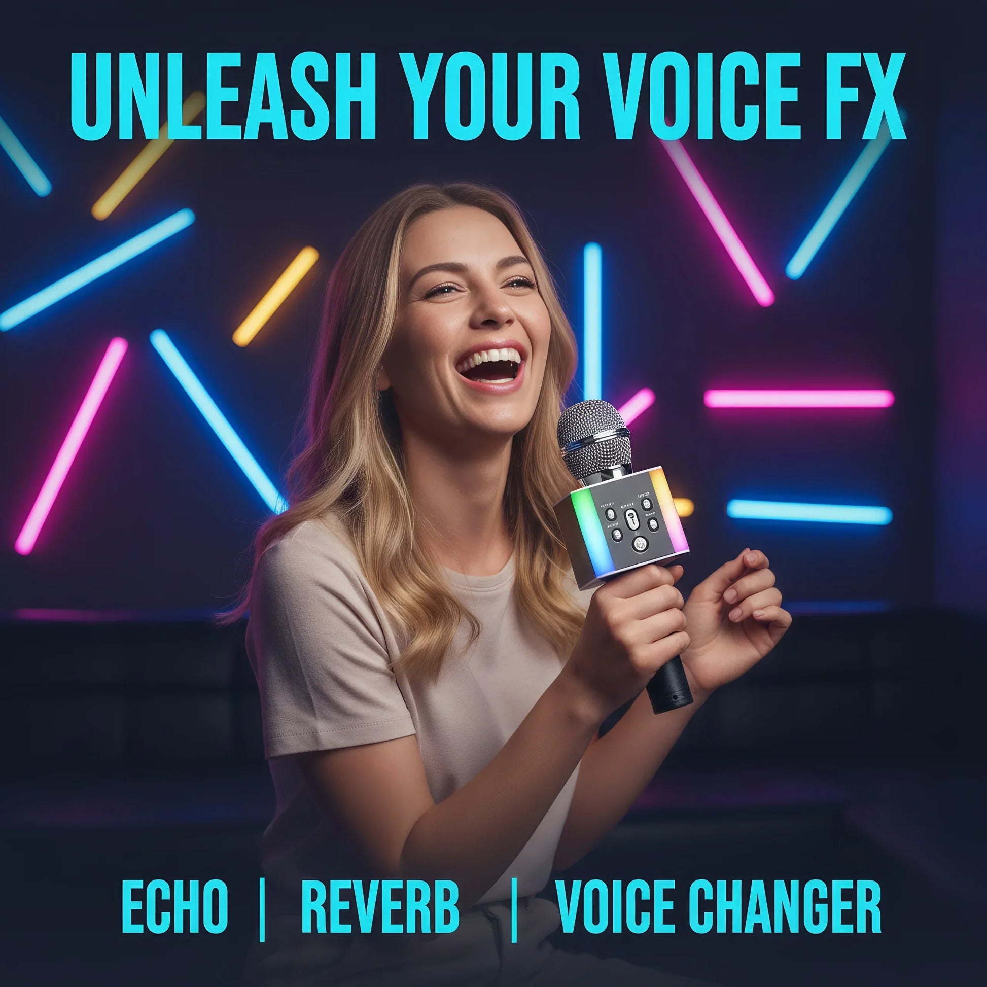 A sleek rainbow-colored wireless bluetooth karaoke microphone speaker with metallic grille and usb fm radio support
