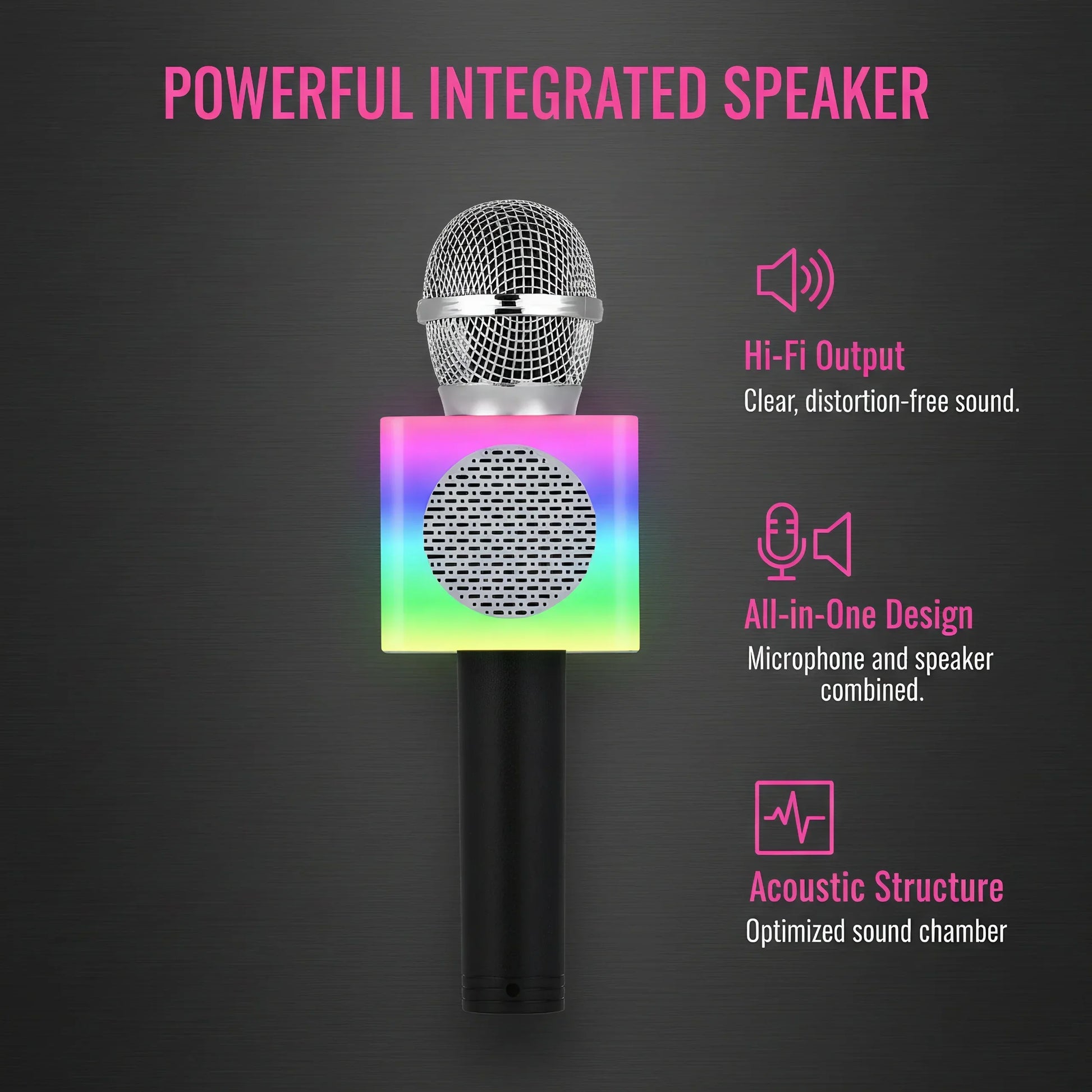 A sleek wireless bluetooth karaoke microphone speaker with silver mesh grille, black handle, and rainbow led lights