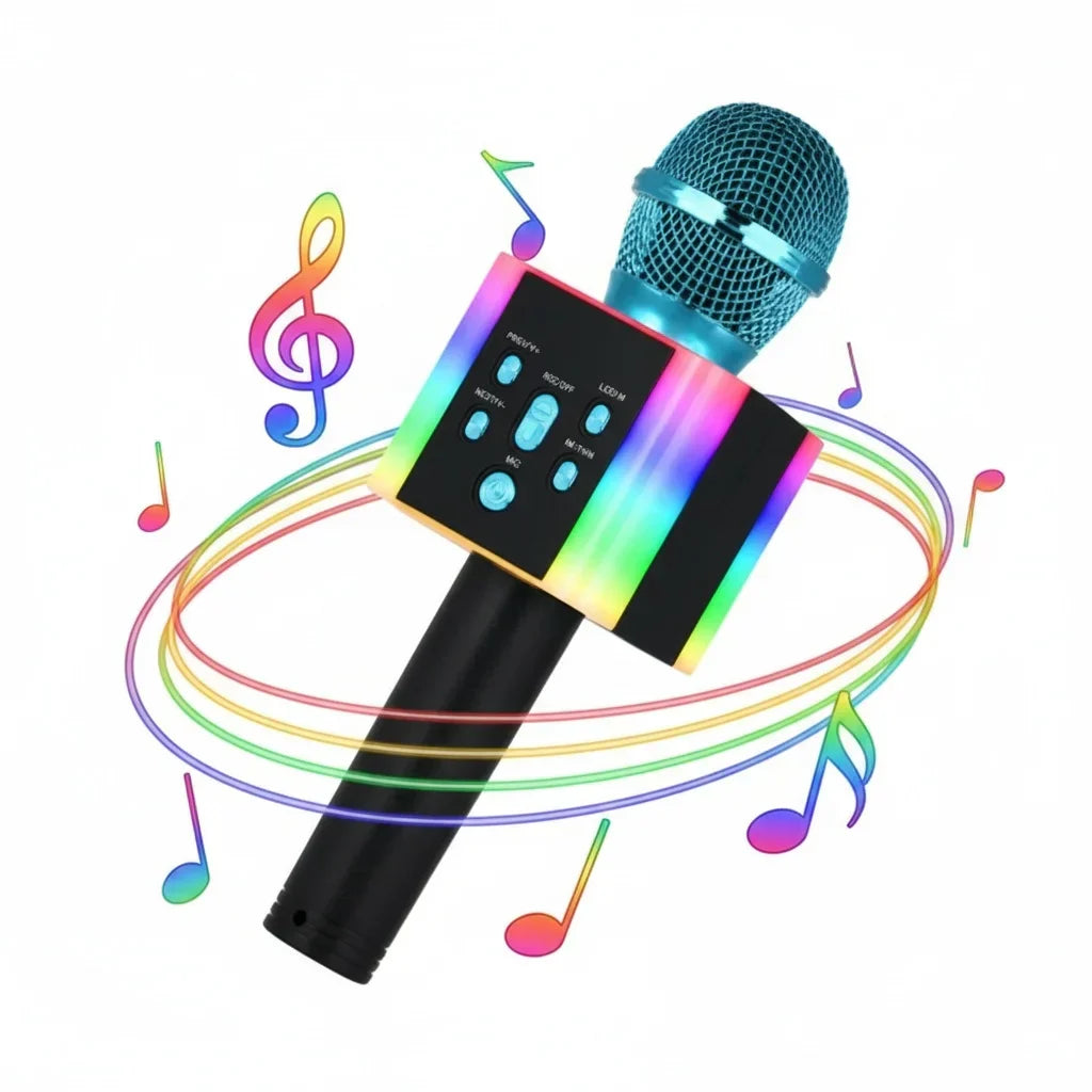 A sleek rainbow-lit wireless bluetooth karaoke microphone speaker with metallic mesh grille and usb fm radio support