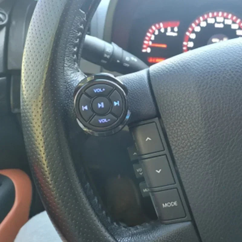 Black circular bluetooth media button remote controller car with illuminated blue volume and track steering wheel mp3 knob