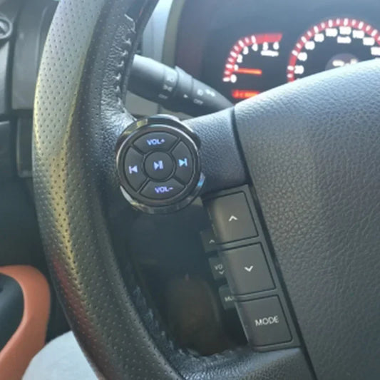 Black circular bluetooth media button remote controller car with illuminated blue volume and track steering wheel mp3 knob